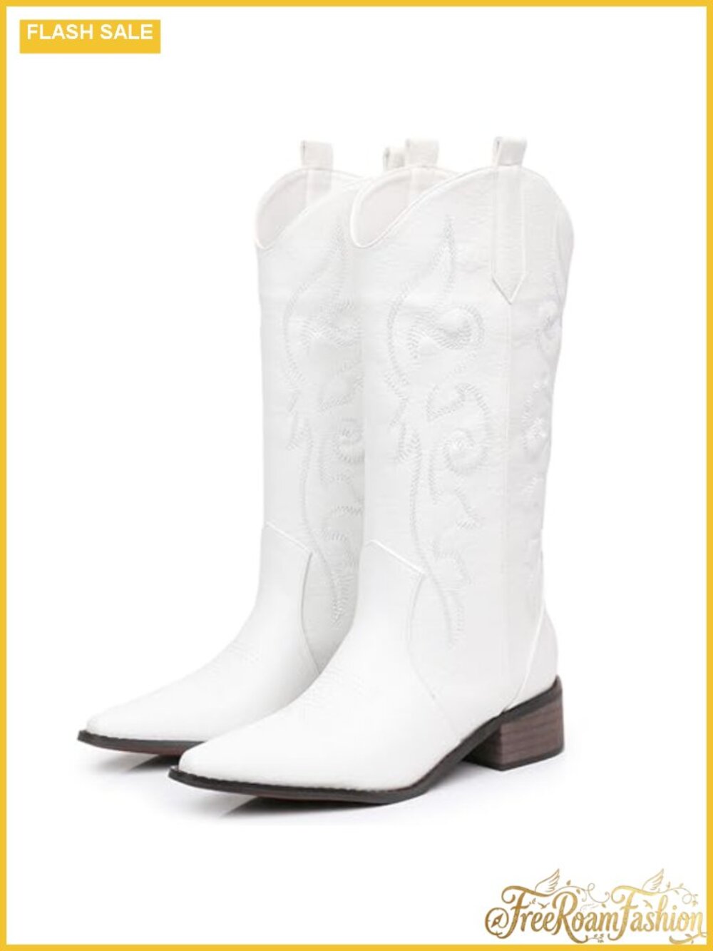 Women's Embroidered Cowboy Boots Pointed Toe Chunky Heel Western Mid Calf Side